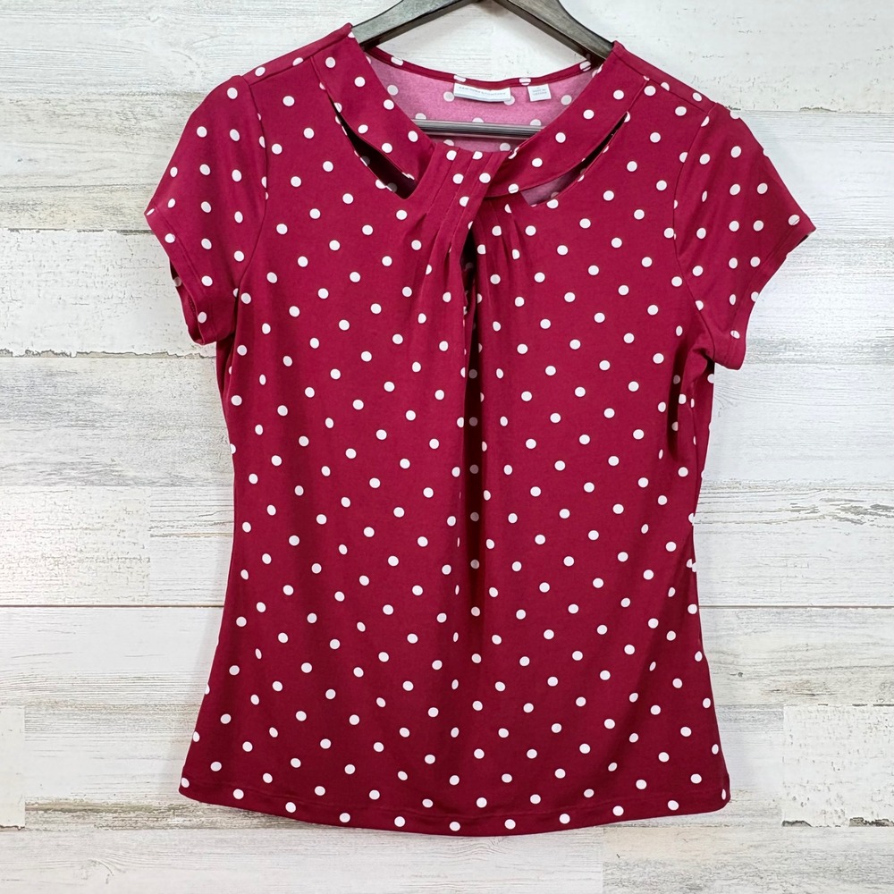 New York & Company Hot Pink Polka Dot Twisted Keyhole Neck Top Medium Office